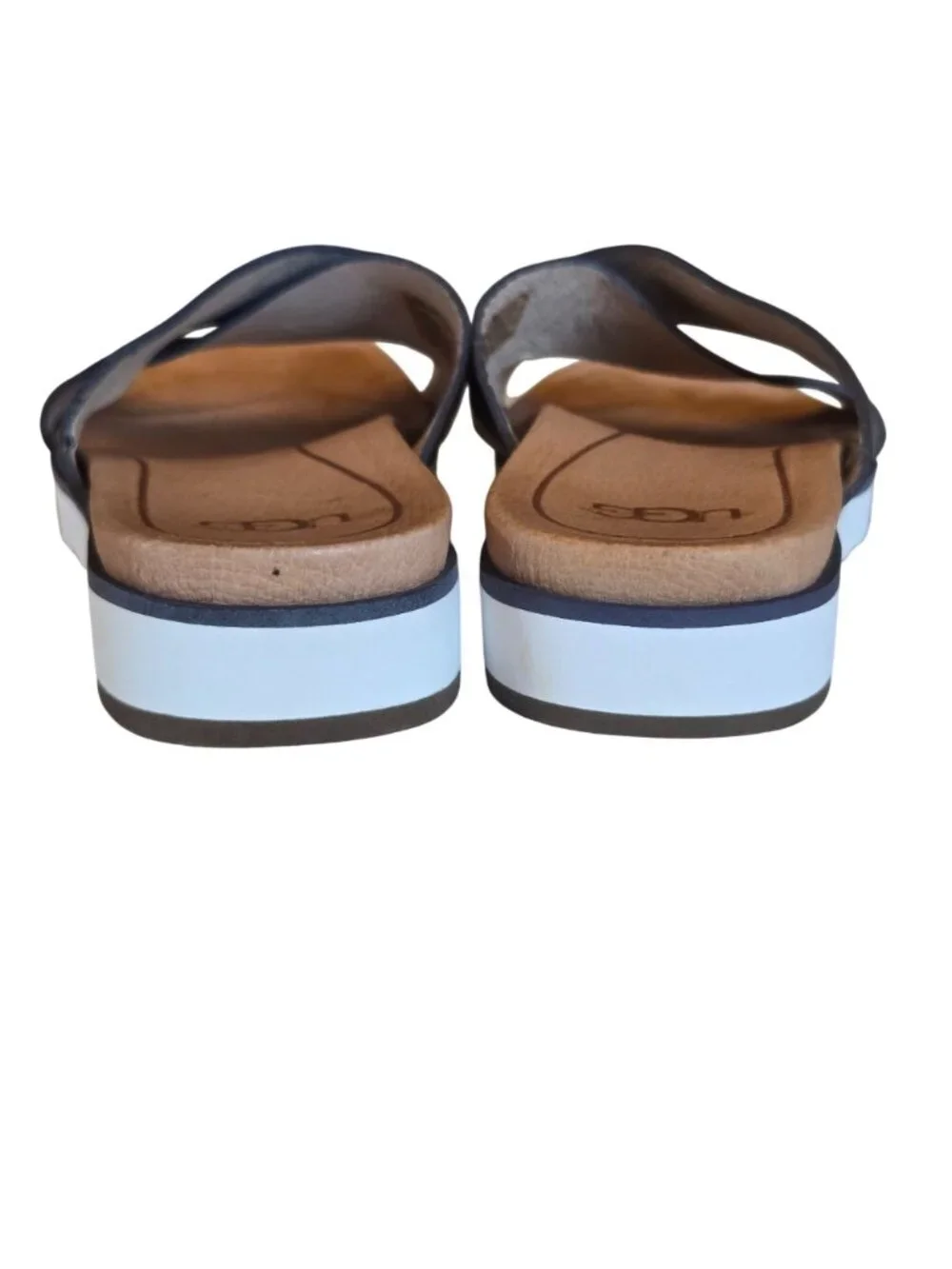 UGG Women's Leather Navy Cross-Strap Slide Sandals With White Sole Size 6